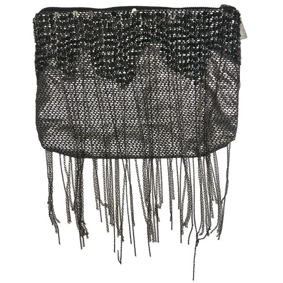 Zara Black Metallic Beaded Clutch Bag with Sequins and Chain Fringe - Picture 2 of 9